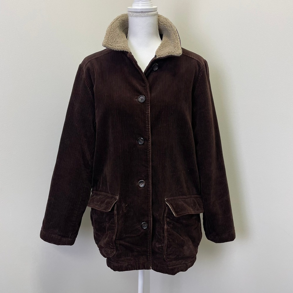 Vintage Eddie Bauer Womens Brown Corduroy Barn Jacket M Teddy Collar Y2K